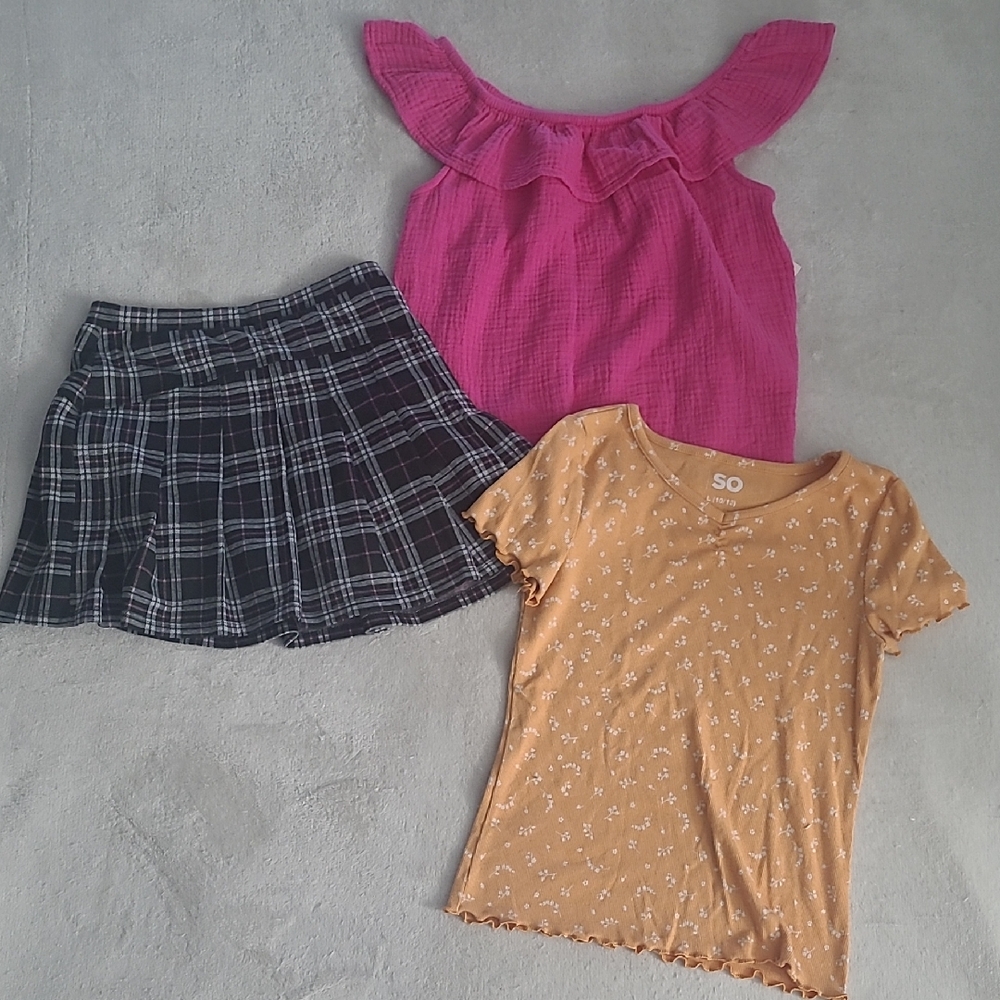 SO Girls Outfit Bundle Size L 10 12 Ribbed Floral Top Plaid Skort Ruffle Pink